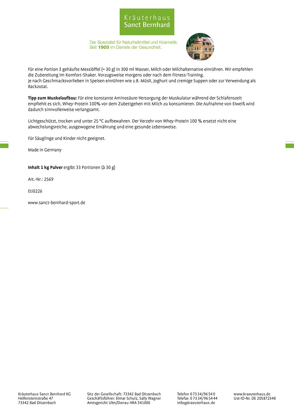 Text: Für eine Portion 30 g Pulver in 300 ml Wasser. Text: Inhalt 1 kg Pulver ergibt 33 Portionen. www.sanct-bernhard-sport.de