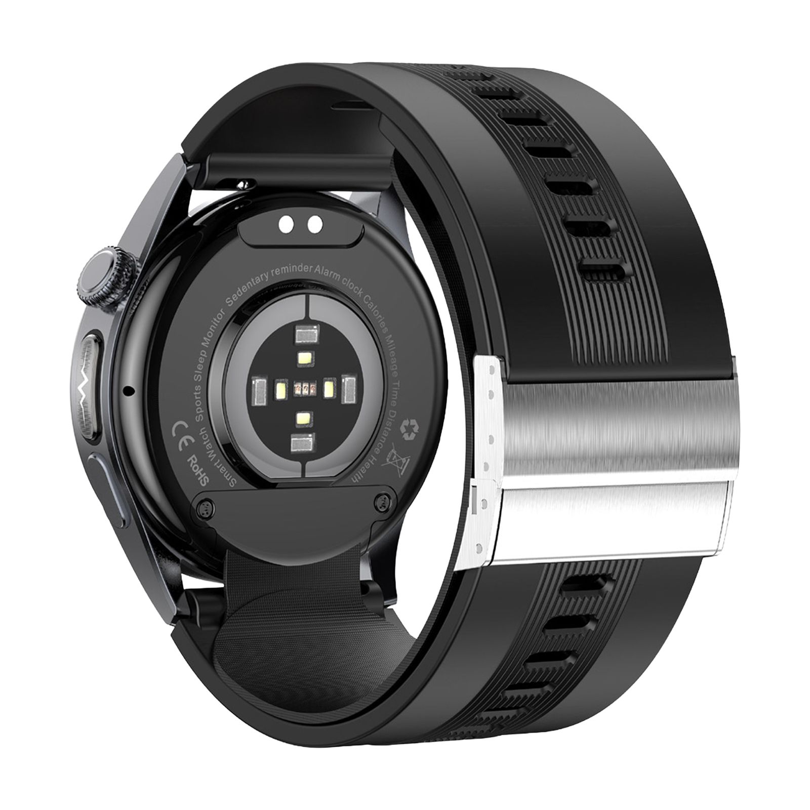 Rückseite einer Smartwatch mit Herzfrequenzsensor und CE-Kennzeichnung.