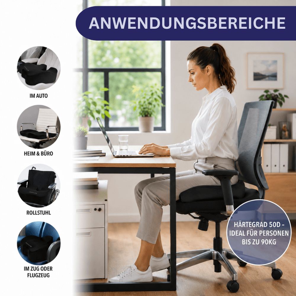 Frau sitzt am Schreibtisch, orthopädisches Kissen im Stuhl, Anwendung in Auto, Heim, Büro, Zug.