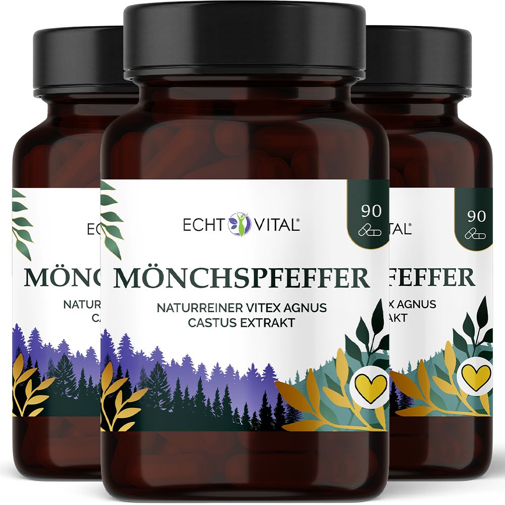 Drei Flaschen Mönchspfeffer-Extrakt mit 90 Kapseln. Dunkle Glasflaschen mit schwarzen Deckeln und Etiketten, die einen Wald und gelbe Herzen zeigen.