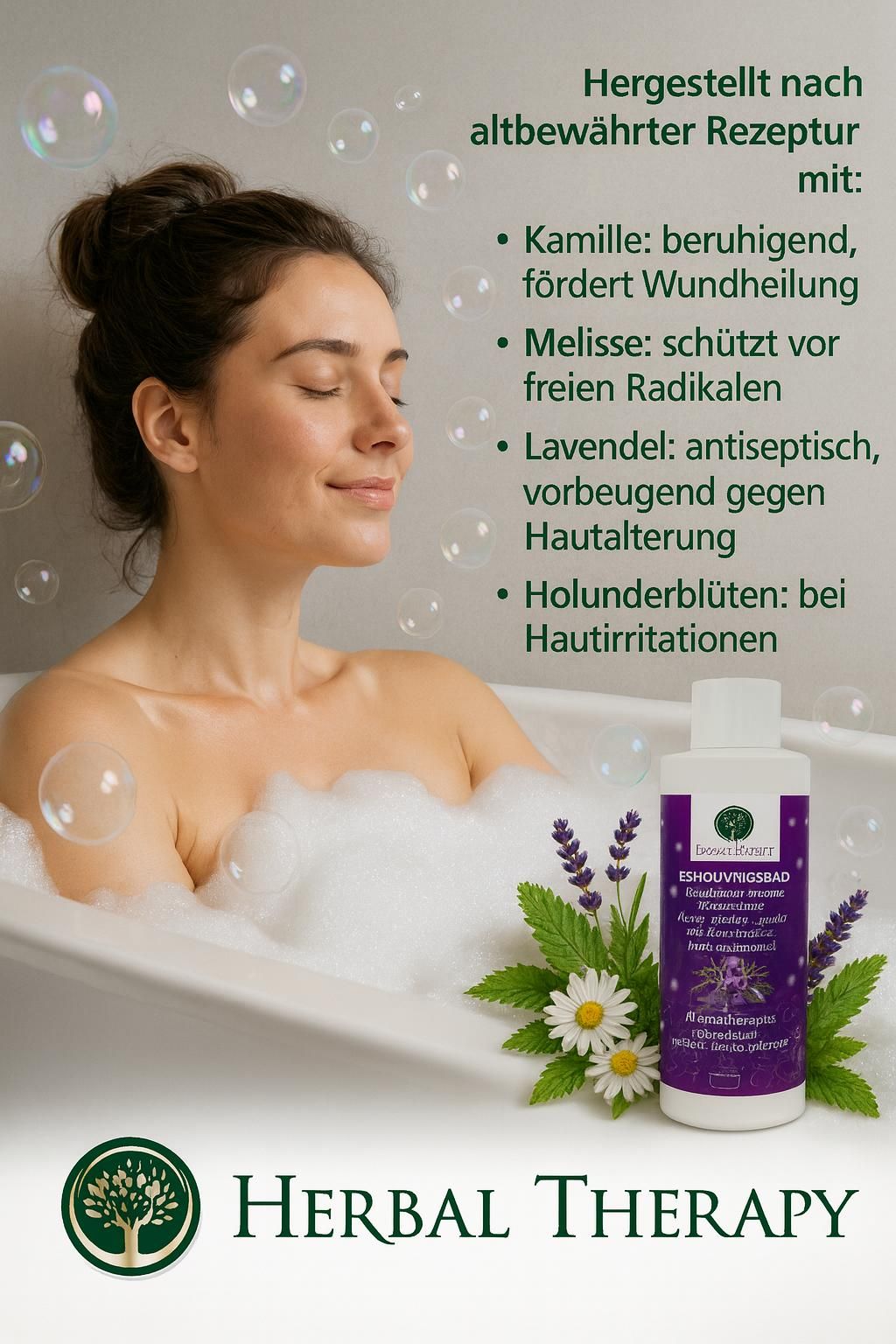 Frau in Badewanne mit Schaum. Flasche Herbal Therapy Erholungsbad. Kräuter und Blüten neben der Wanne. Text: Kamille, Melisse, Lavendel, Holunderblüten.