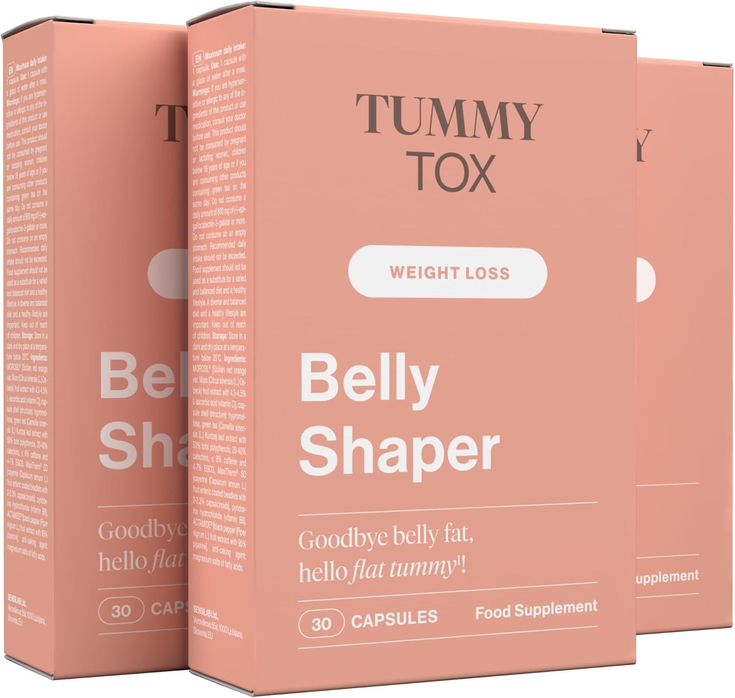 Drei rosa 'TummyTox Belly Shaper' Packungen. Produktname und Logo auf der Verpackung.
