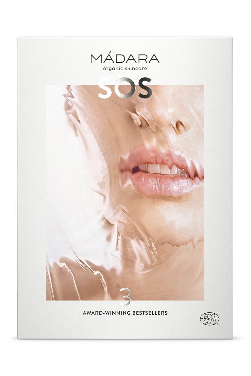 Verpackung der Marke MÁDARA. Aufdruck: SOS, 3 Award-Winning Bestsellers. Zertifizierung: ECOCERT. Abbildung eines Gesichts unter Folie.