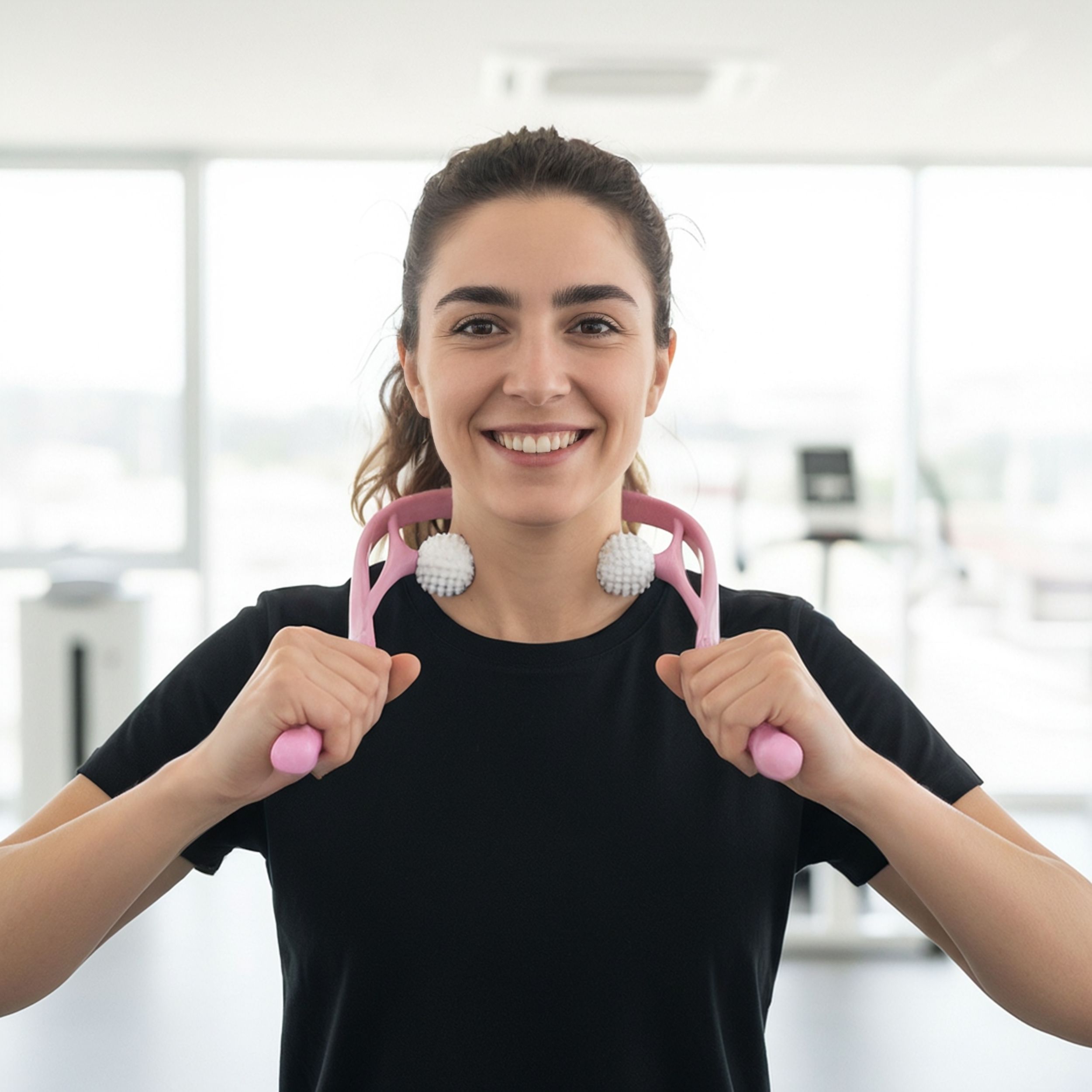 Frau hält rosa Nacken- & Schultermassager. Zwei weiße Kugeln am Nacken. Schwarzes T-Shirt, lächelnd. Fitnessstudio-Hintergrund.