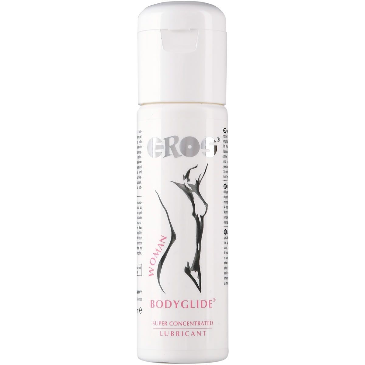 Weiße Flasche mit Klappverschluss. Aufschrift EROS, BODYGLIDE Woman, Illustration einer Frau. Super Concentrated Lubricant.