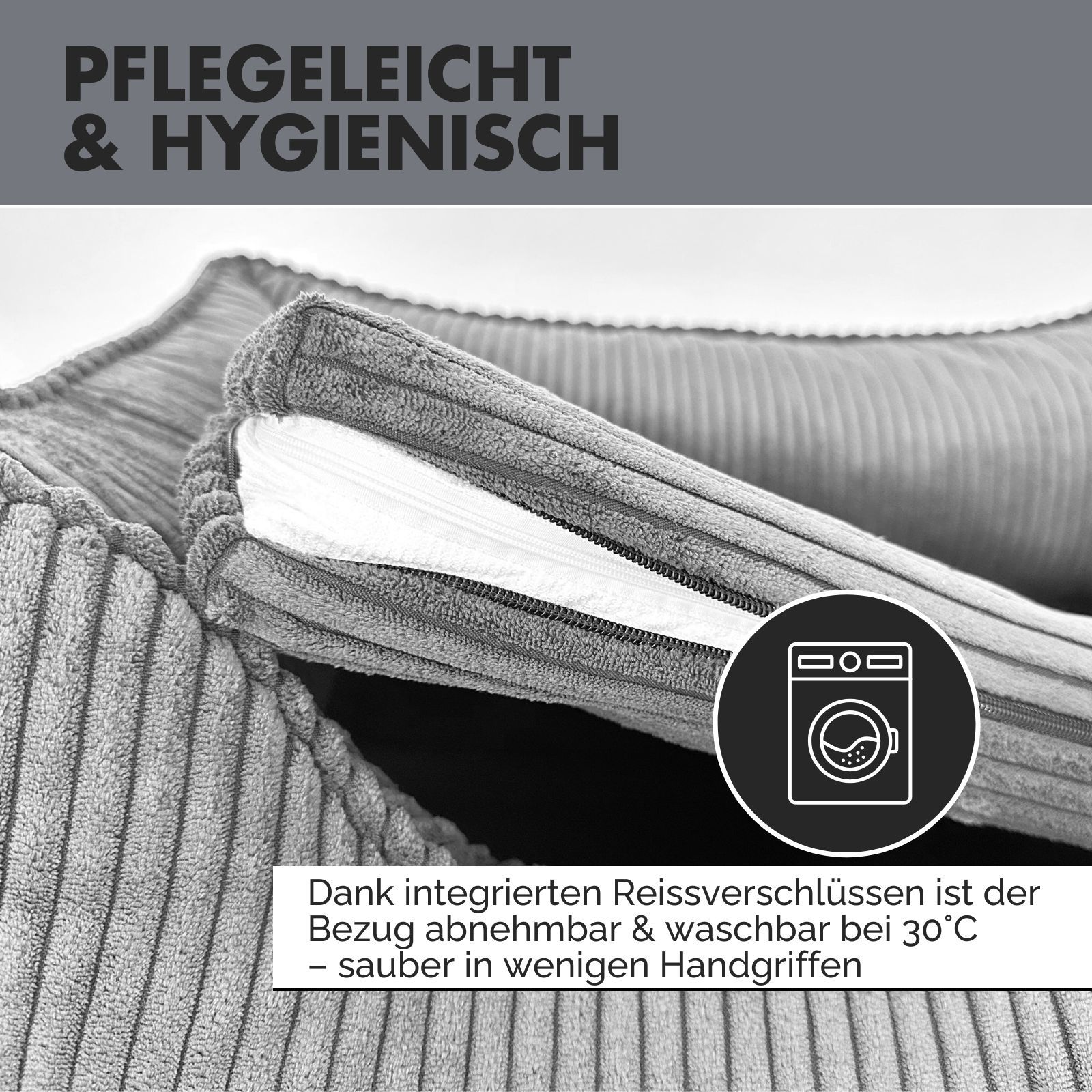 Nahaufnahme Reißverschluss am grauen Hundebett. Text: Pflegeleicht & hygienisch. Waschmaschinen-Symbol.