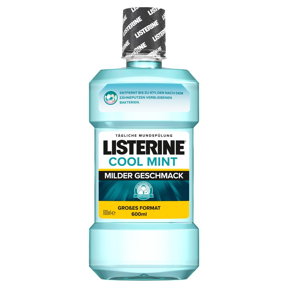 Hellblaue Flasche mit schwarzem Deckel. Aufschrift: Listerine Cool Mint. Großes Format. 600ml.