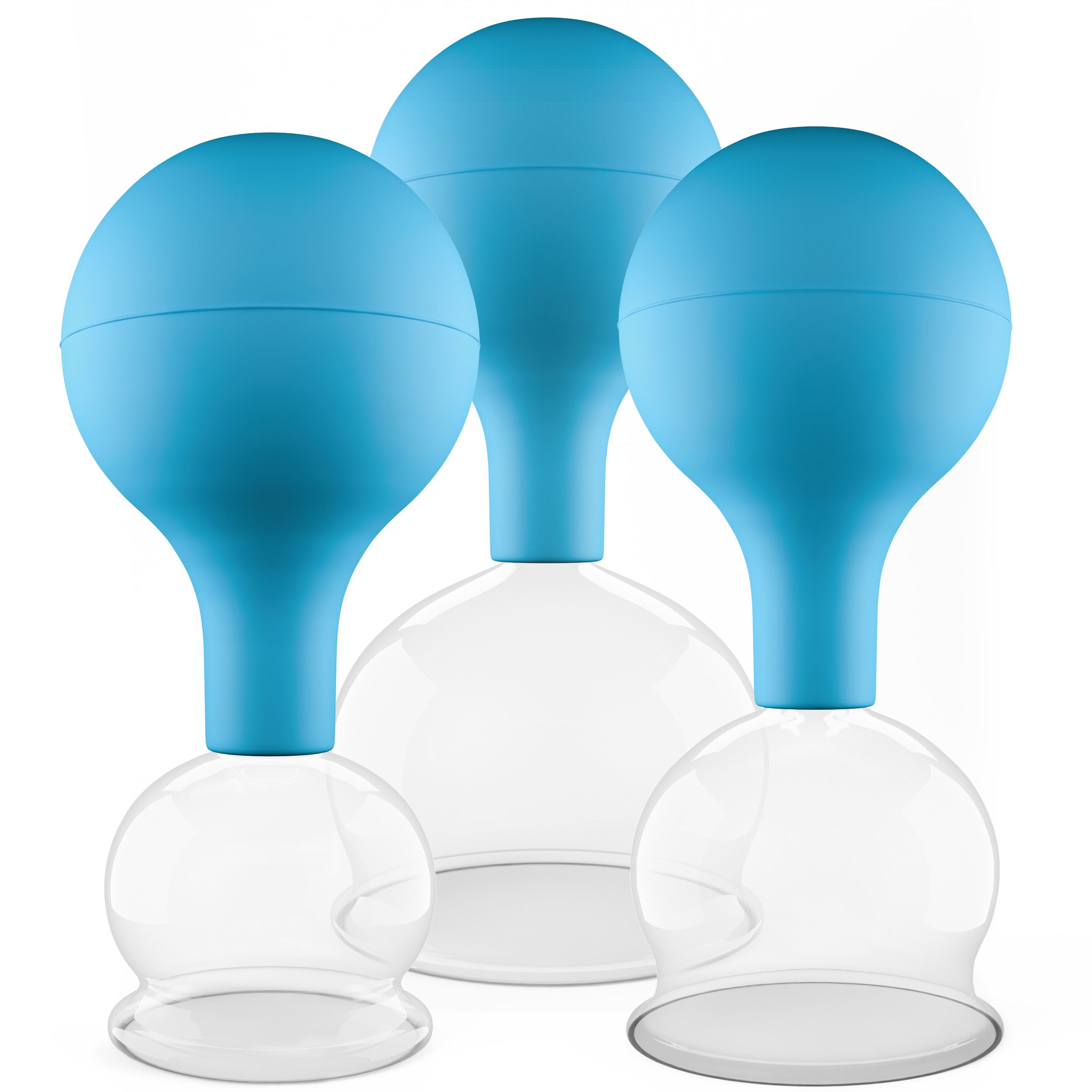 Pulox Schröpfgläser aus Echtglas mit Saugball - Set Trio groß in Blau: 40mm, 52mm, 62mm