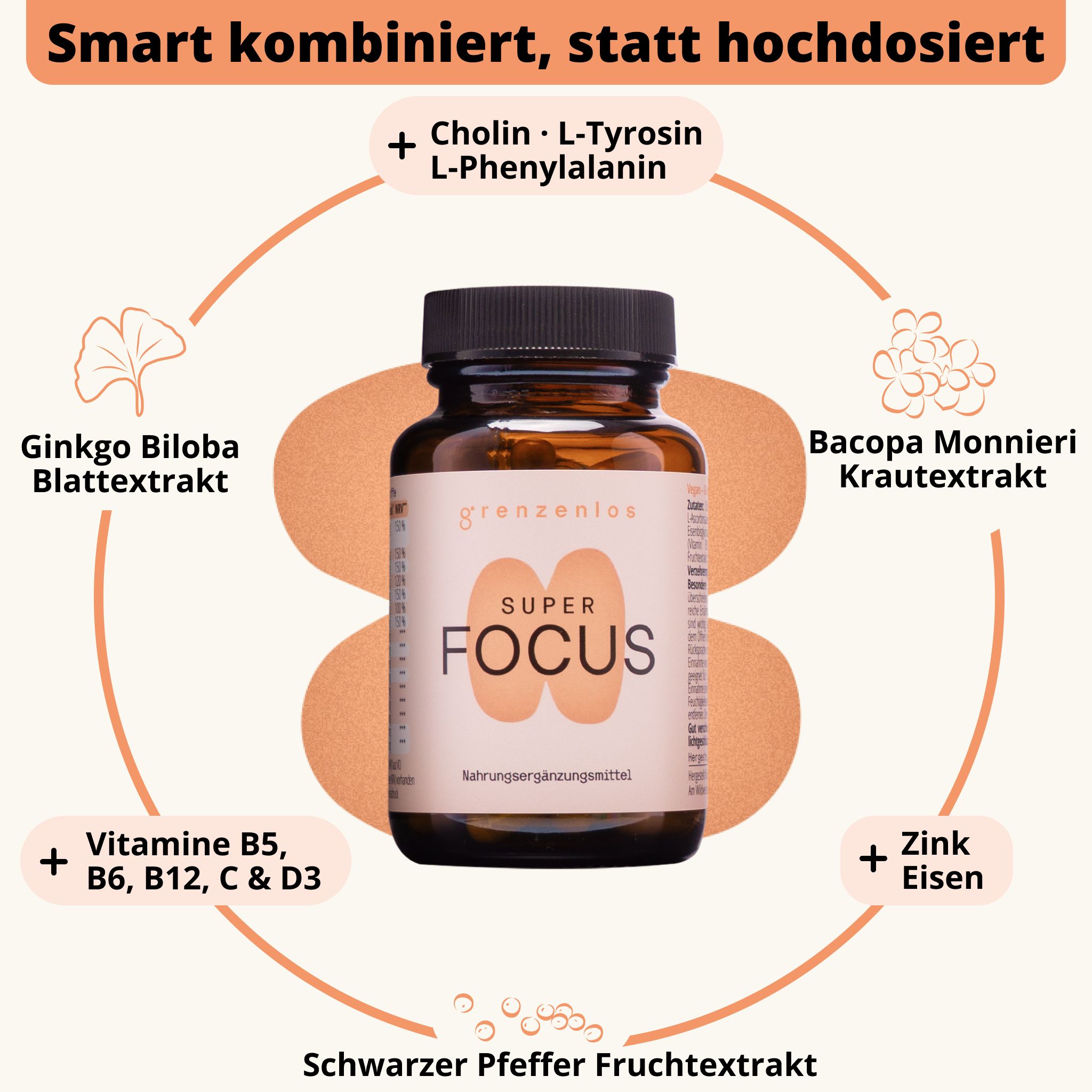 Schema mit Inhaltsstoffen von 'grenzenlos SUPER FOCUS' wie Cholin, Ginkgo und L-Tyrosin.