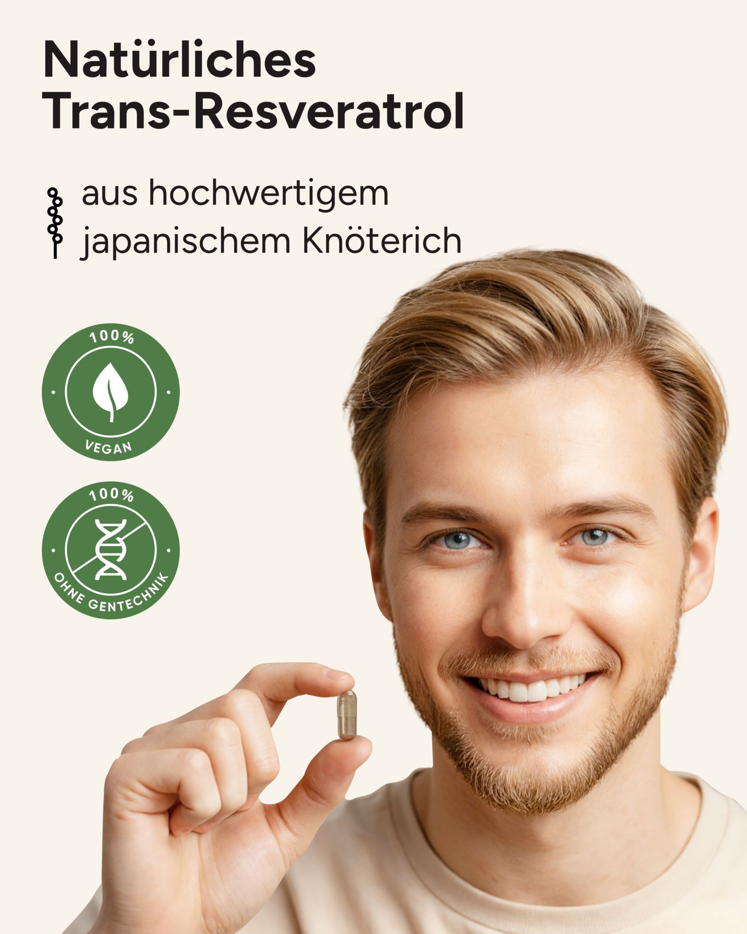 Mann lächelt. Text: Natürliches Trans-Resveratrol, aus japanischem Knöterich. 100% vegan, ohne Gentechnik.