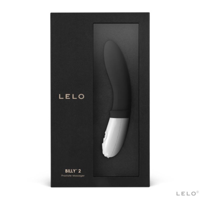 Schwarze Verpackung mit Fenster. Produkt sichtbar. LELO-Logo. Billy 2 Prostate Massager.