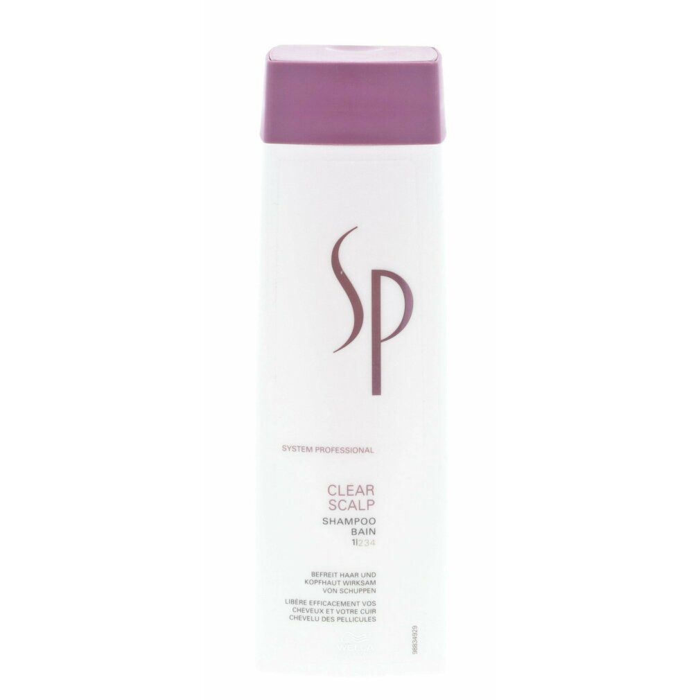 Wella SP Clear Scalp Shampoo Flasche mit lila Verschluss. System Professional Logo und Produktname sichtbar.