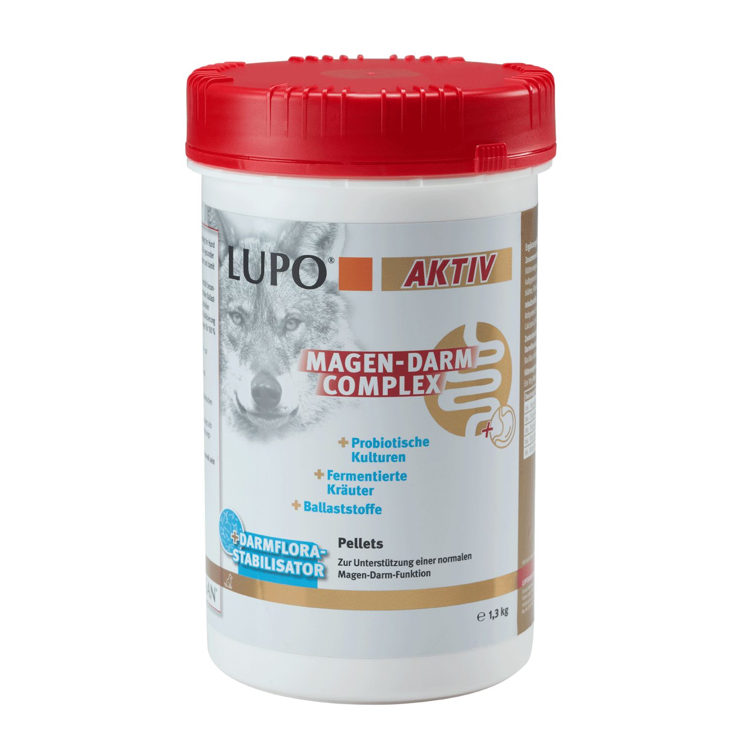 Behälter mit rotem Deckel. Aufschrift LUPO AKTIV Magen-Darm Complex. Enthält Pellets, probiotische Kulturen, fermentierte Kräuter und Ballaststoffe. Darmflora-Stabilisator.