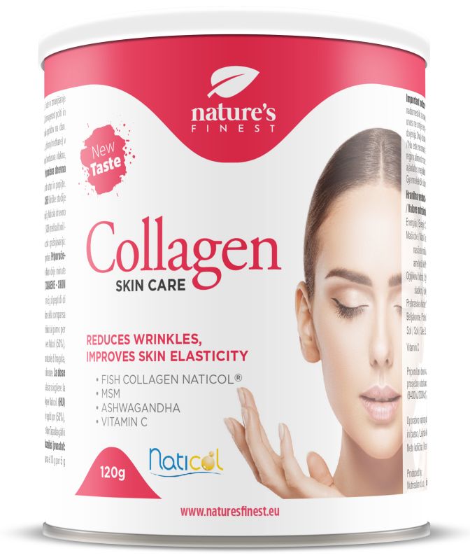 Cilindrische pot "Nature's Finest - Kollagen SkinCare". Rode deksel, witte achtergrond. Tekst: "Vermindert rimpels, verbetert huidelasticiteit".