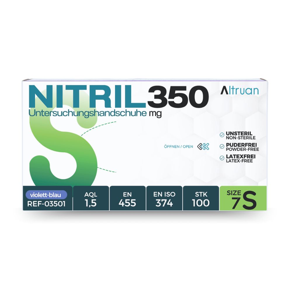 Verpackung von Nitril-Untersuchungshandschuhen, Größe 7S, 100 Stück, violett-blau, latexfrei, puderfrei.