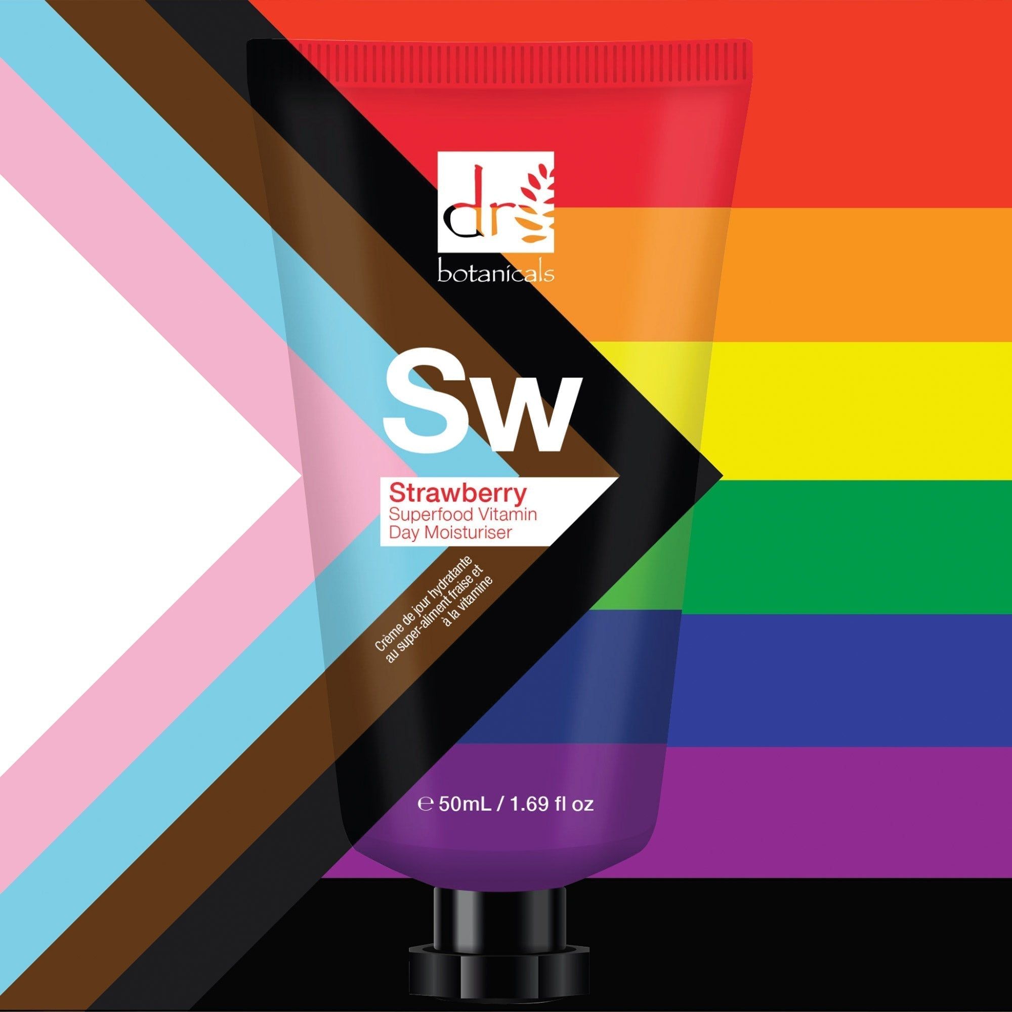 Tube mit farbenfrohem Design. Aufschrift: Dr Botanicals, Sw, Strawberry Superfood Vitamin Day Moisturiser. Pride-Design.