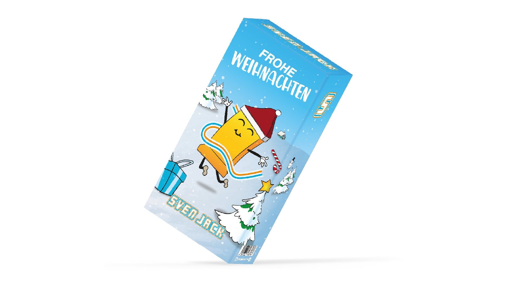 Weihnachtskalender mit Illustrationen. Aufschrift "Frohe Weihnachten" und "Sven Jack". Abgebildet ist ein Cartoon-Charakter mit Weihnachtsmütze.