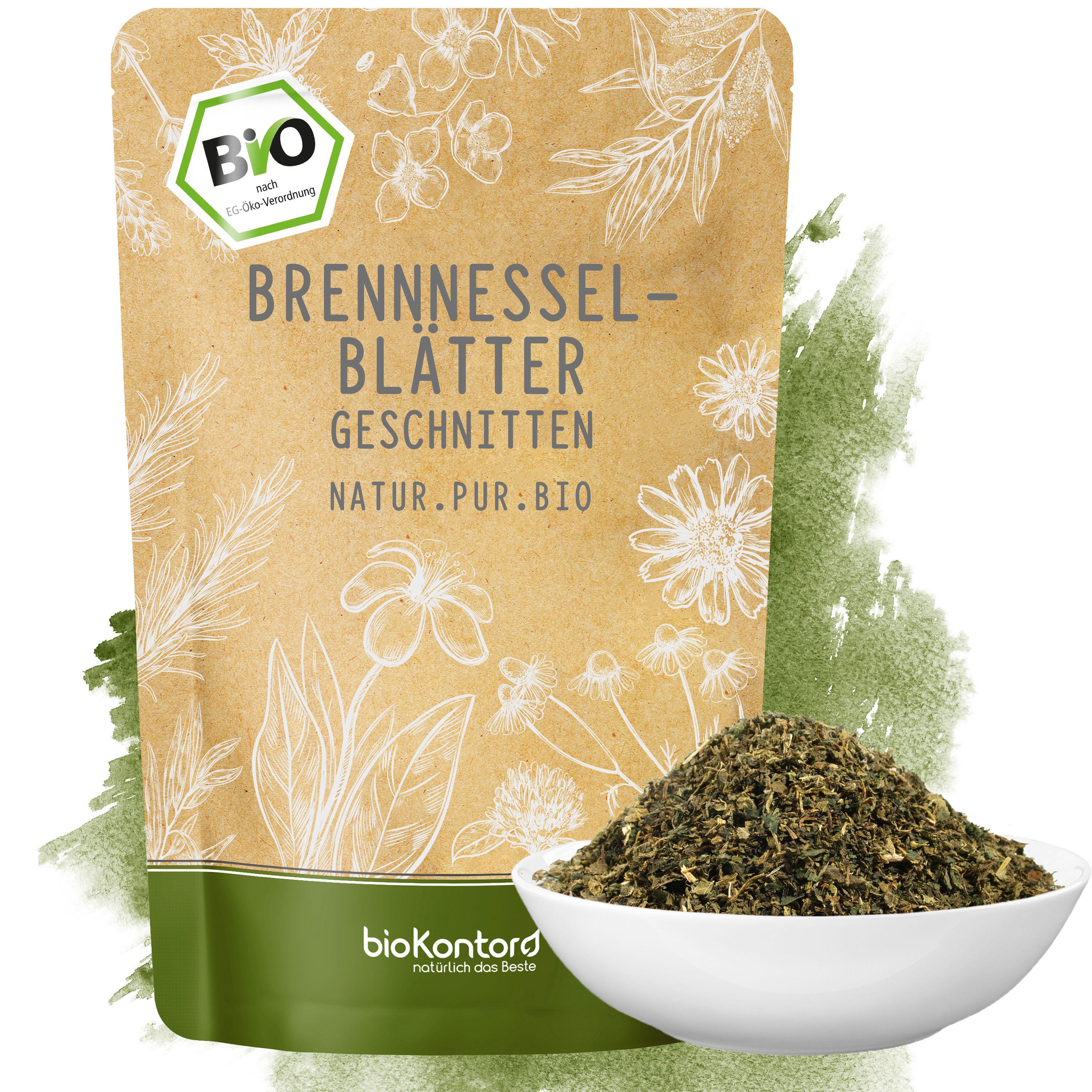Bio-Kräutertee Brennnesselblätter in Papiertüte neben einer Schale mit getrockneten Blättern.