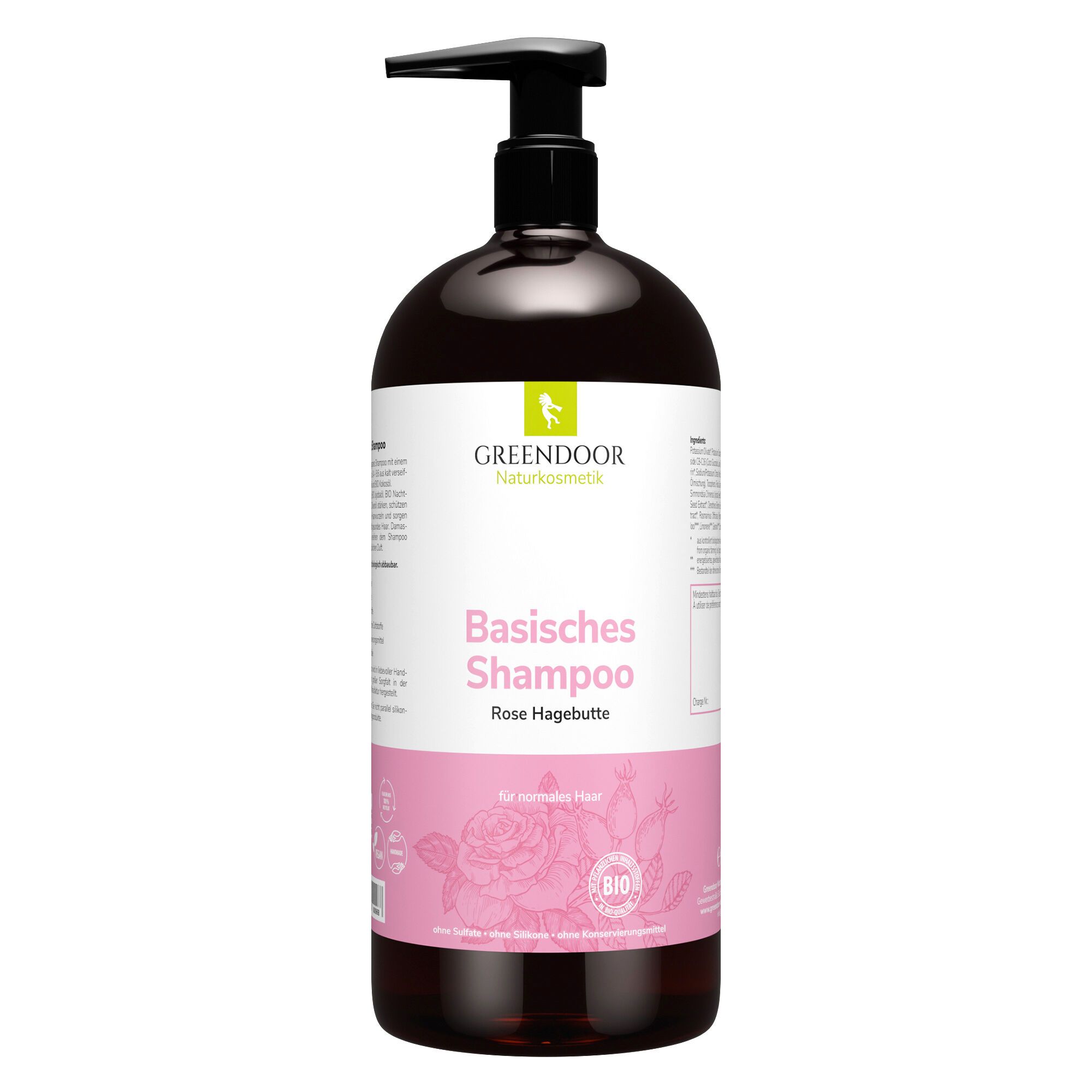Braune Shampoo-Flasche mit schwarzem Pumpkopf. Etikett mit "GREENDOOR", "Basisches Shampoo Rose Hagebutte" und Rosen-Illustration.