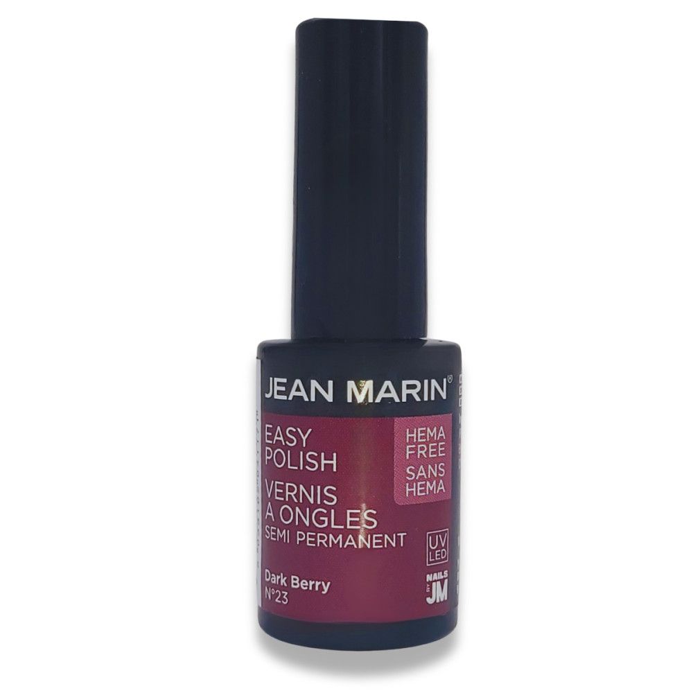 Nagellackflasche von Jean Marin. Dunkelroter Nagellack mit schwarzem Deckel. Aufschrift: Easy Polish, Semi Permanent, HEMA Free. Farbton: Dark Berry N°23.