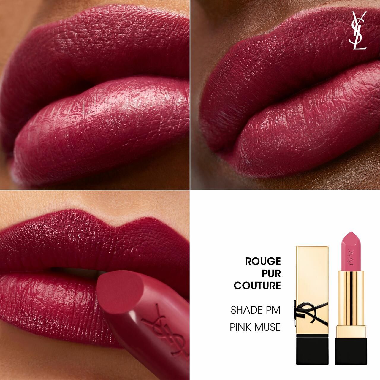 Lippen in verschiedenen Ansichten mit Lippenstift. Text: Rouge Pur Couture, Shade PM Pink Muse.