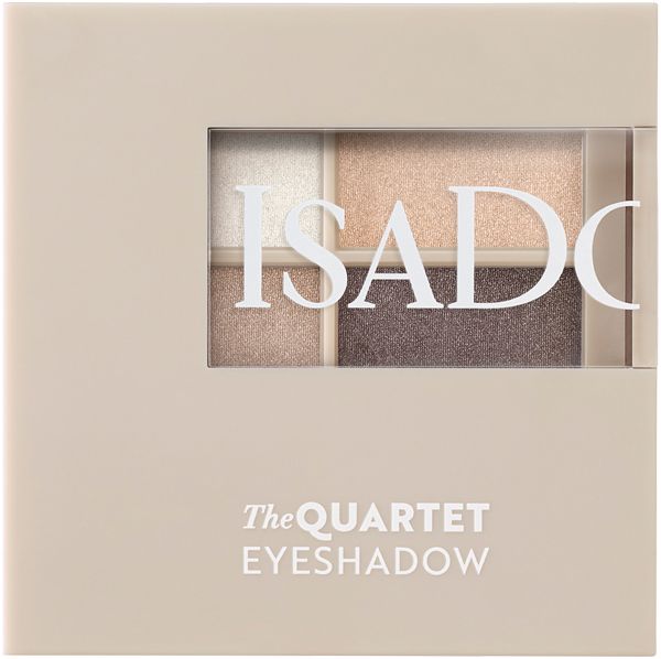 Lidschatten-Quartett in beiger Verpackung. Vier Farbtöne sichtbar. Marke: IsaDora. Text: The QUARTET EYESHADOW.