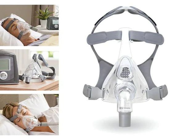 Collage: CPAP-Maske im Gebrauch und auf einem Tisch.
