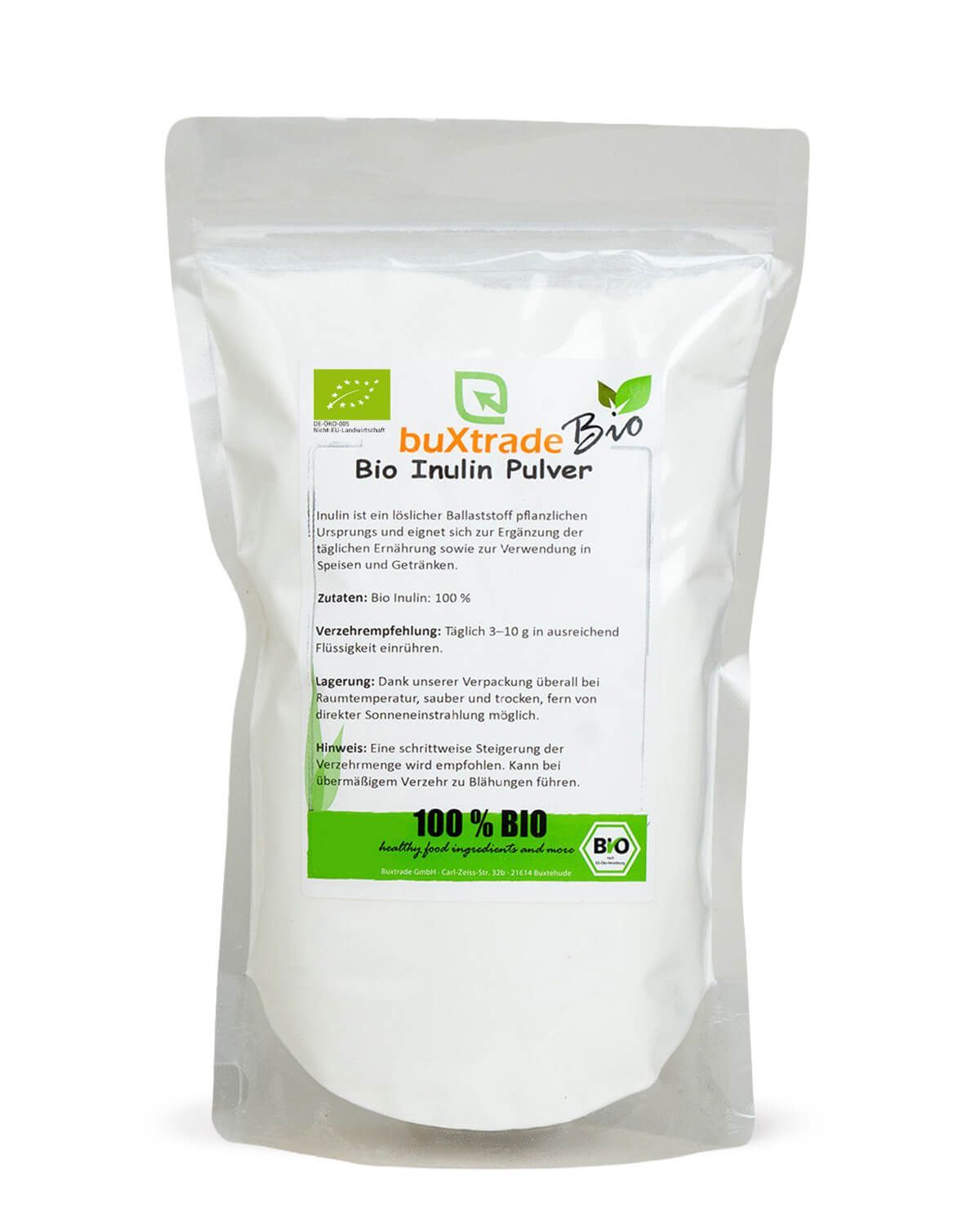 Verpackung mit buXtrade Bio Inulin Pulver. Enthält Bio-Siegel und 100% BIO Hinweis.