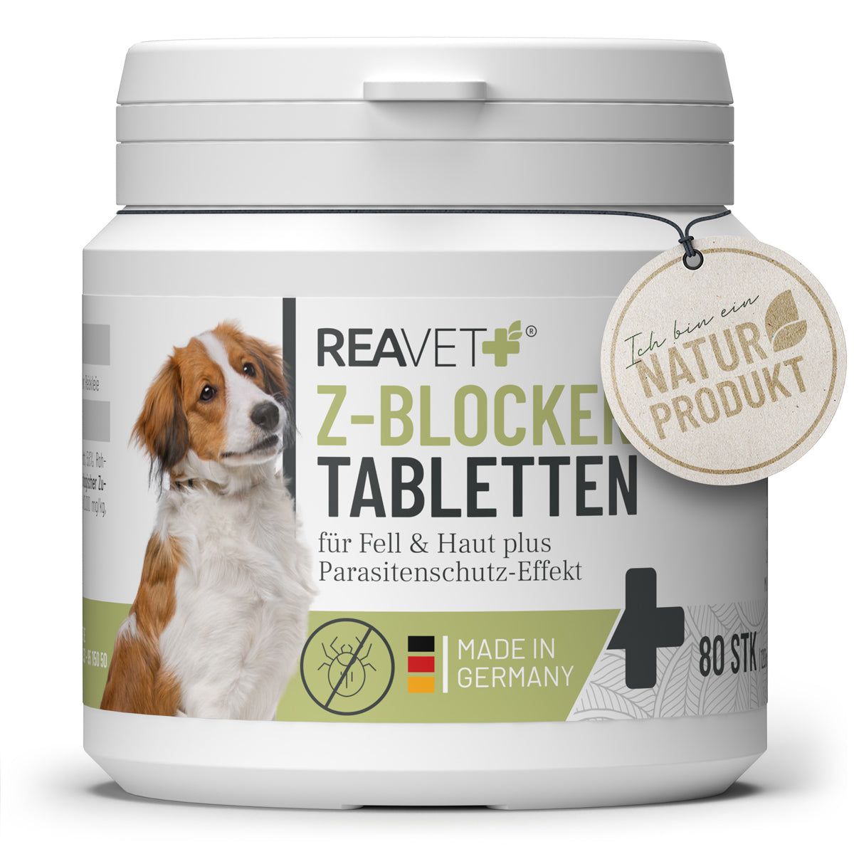 Weiße Dose mit Z-Blocker Tabletten für Hunde. Etikett mit Hund, Logo, Text und Naturprodukt-Siegel. 80 Tabletten.