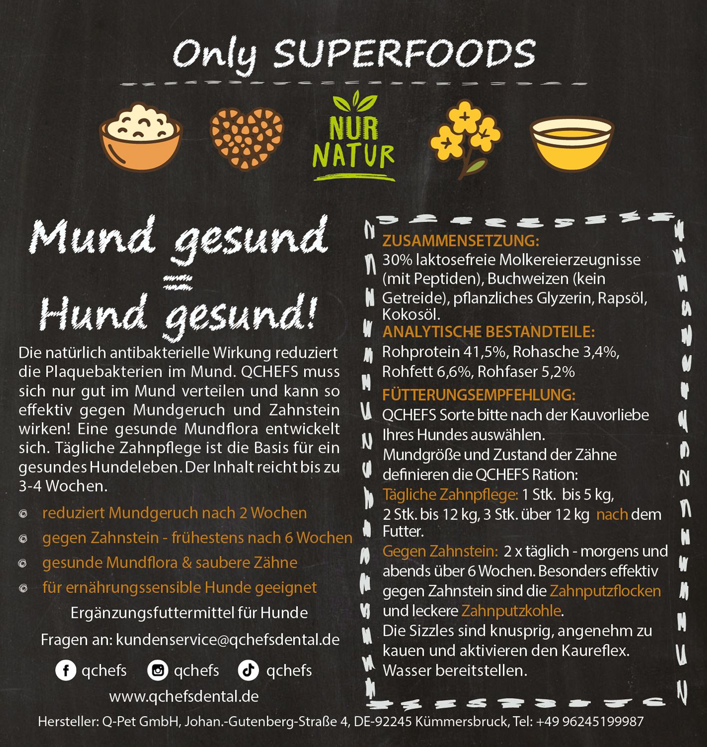 Infografik mit Text und Illustrationen. Enthält Informationen zu Inhaltsstoffen, Fütterungsempfehlungen und Mundgesundheit für Hunde.