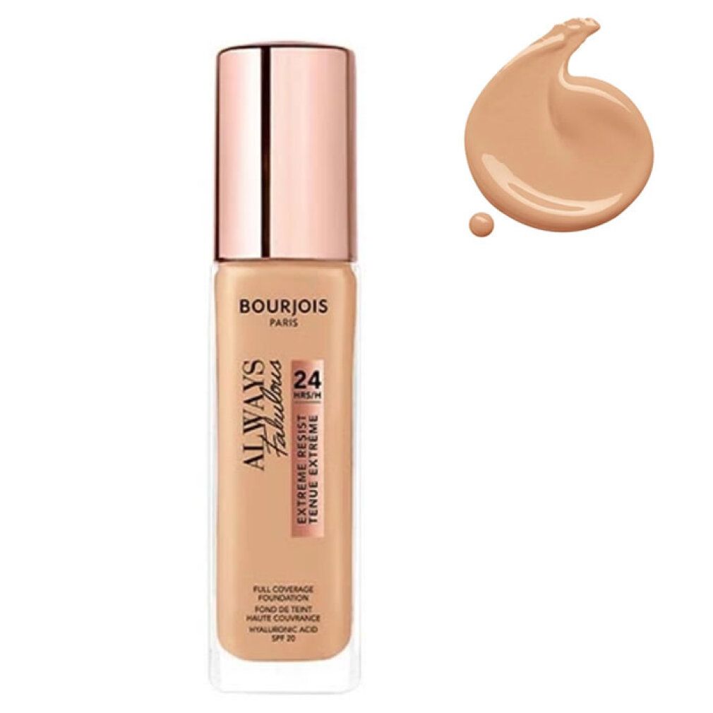 Bourjois Always Fabulous Foundation Flasche mit Roségold-Kappe und Farbprobe.