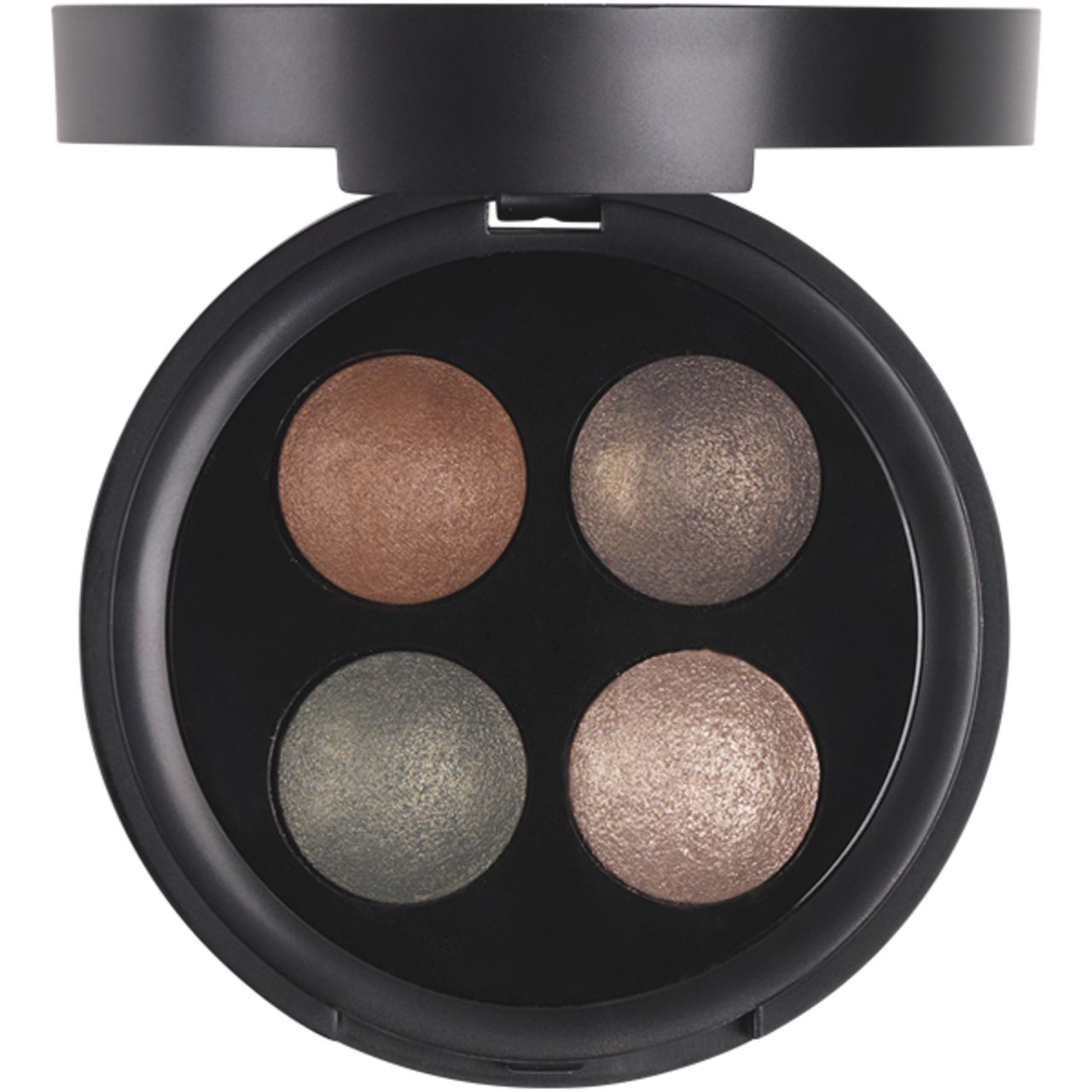 Runde, schwarze Lidschatten-Palette mit vier runden, farbigen Lidschatten. Deckel ist geöffnet.