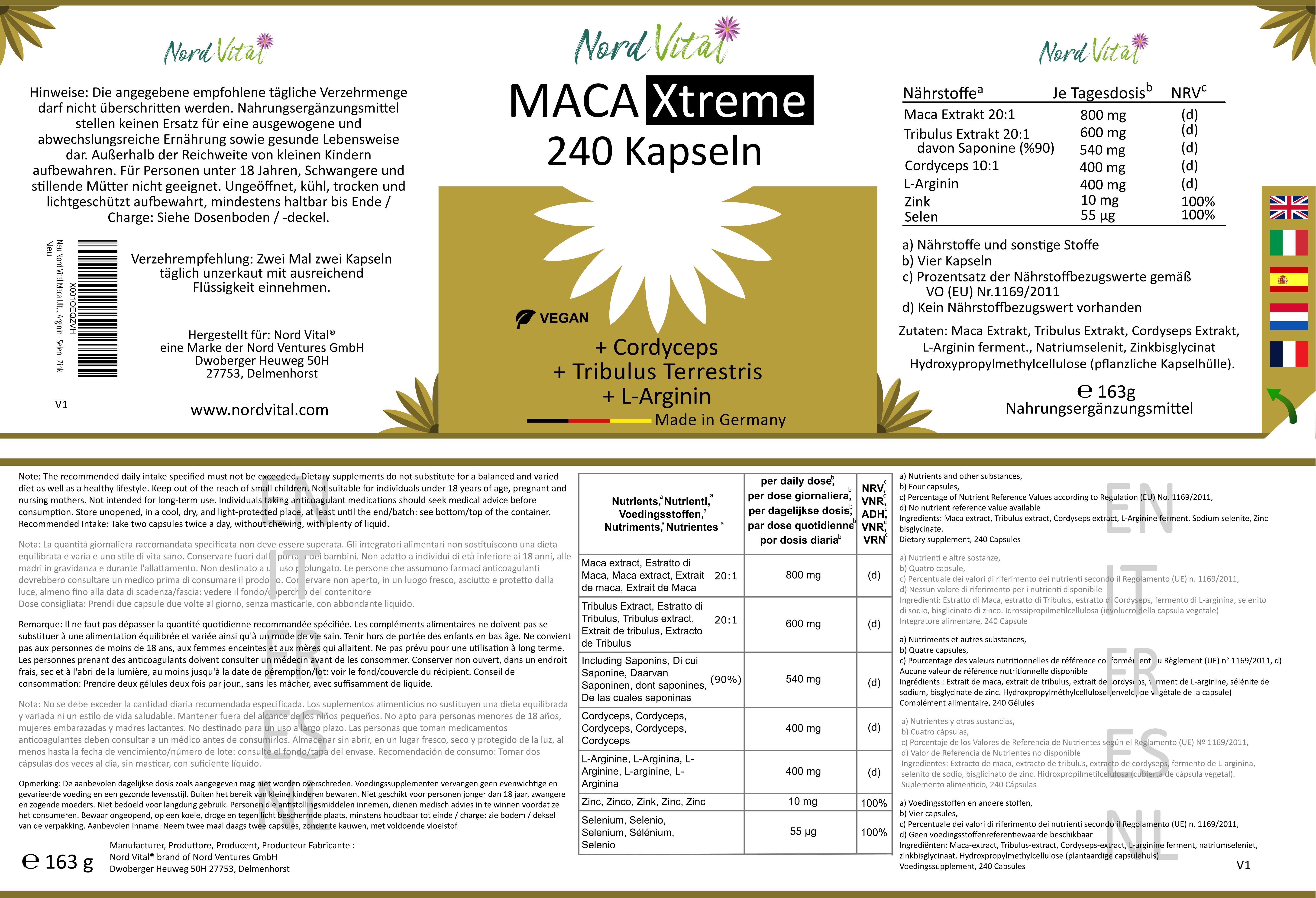 Nord Vital Maca Kapseln mit Ginseng, Cordyceps, L-Arginin und Tribulus Terrestris