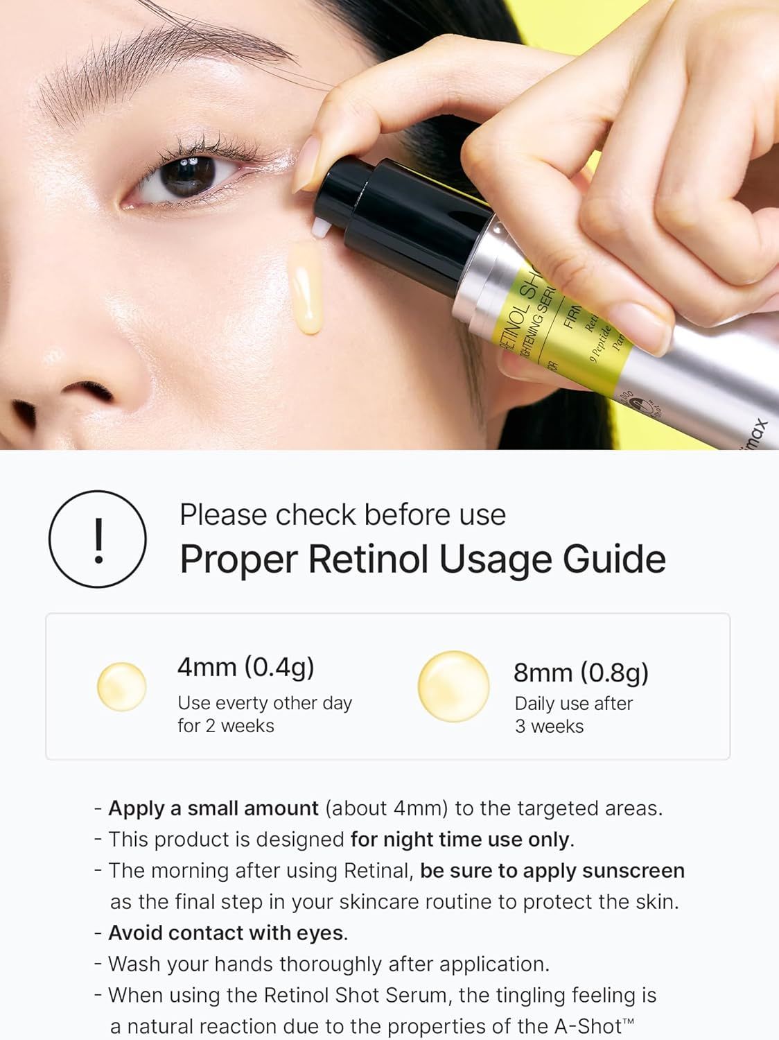 Person zeigt Produktanwendung. Text: Proper Retinol Usage Guide. Dosierung: 4mm (0.4g) und 8mm (0.8g).