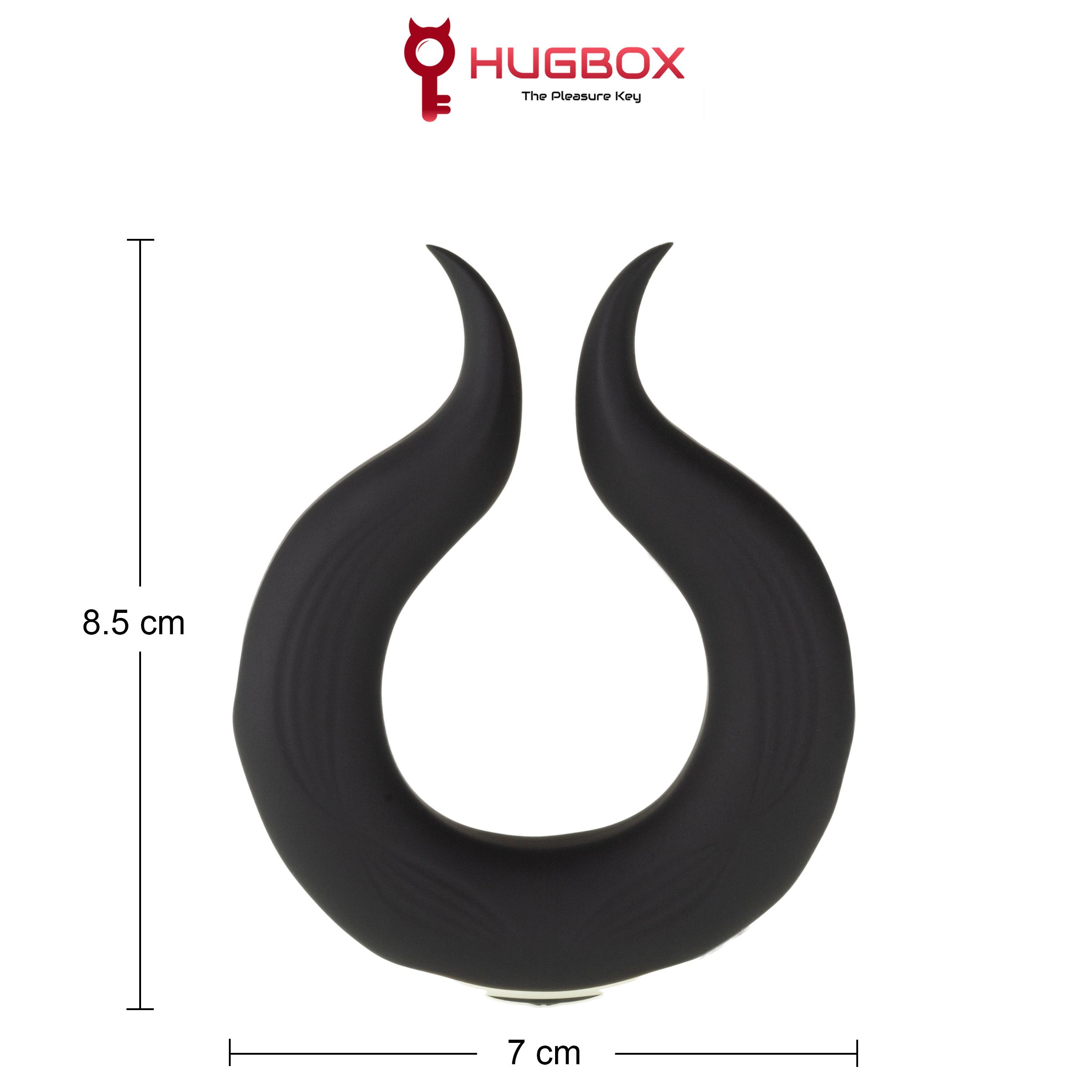 Schwarzer Ring mit geschwungenen Enden. Abmessungen: 8,5 cm hoch, 7 cm breit. Logo: HUGBOX The Pleasure Key.