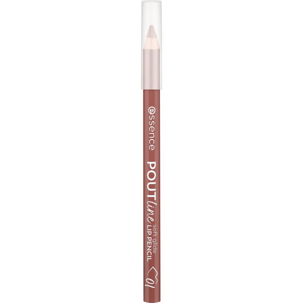 Essence Poutline Soft Glide Lippenkonturenstift, Farbe 01. Stift mit Kappe. Spitze, Schriftzug und Logo sichtbar.