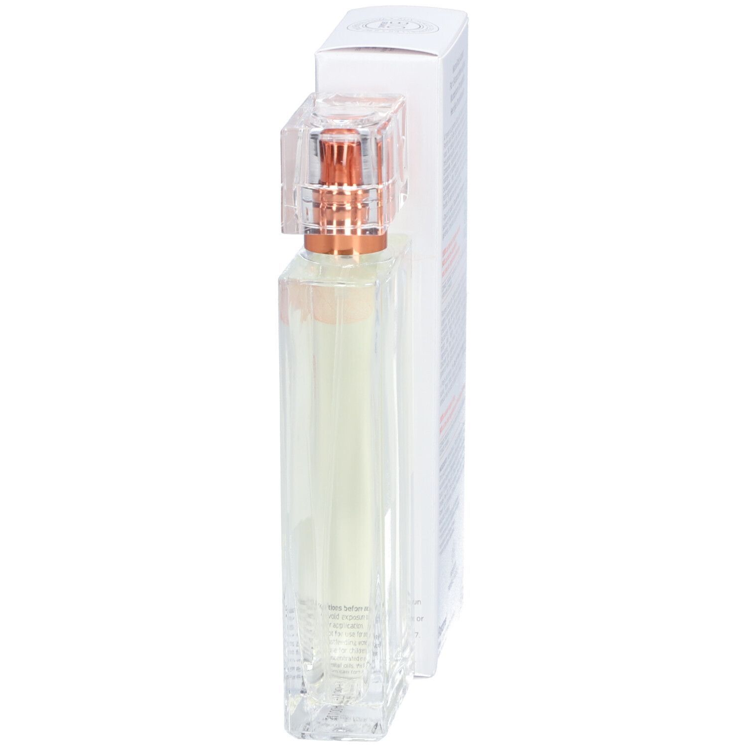Florame Eau de Parfum Flakon und Verpackung. Seitliche Ansicht. Aufschrift: Fleur d'Oranger Merveilleuse, Eau de Parfum.
