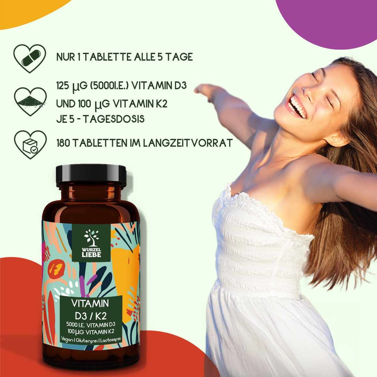 Braune Glasflasche mit WURZELLIEBE® Vitamin D3 K2. Aufschrift: Vitamin D3/K2, 5000 IE, 100 µg K2. Frau lächelt.