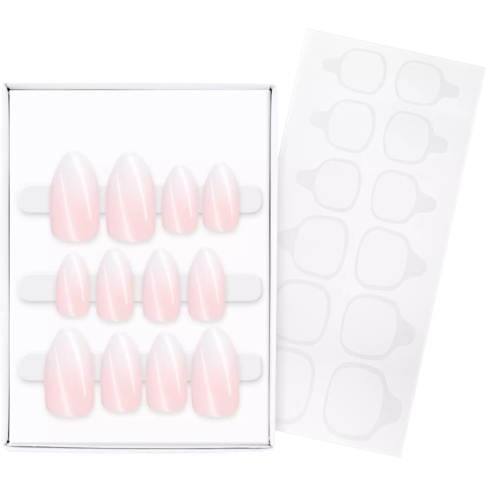 Kunstnägel in einer Schachtel. Rosa-weißer Farbverlauf. Klebepads liegen daneben.