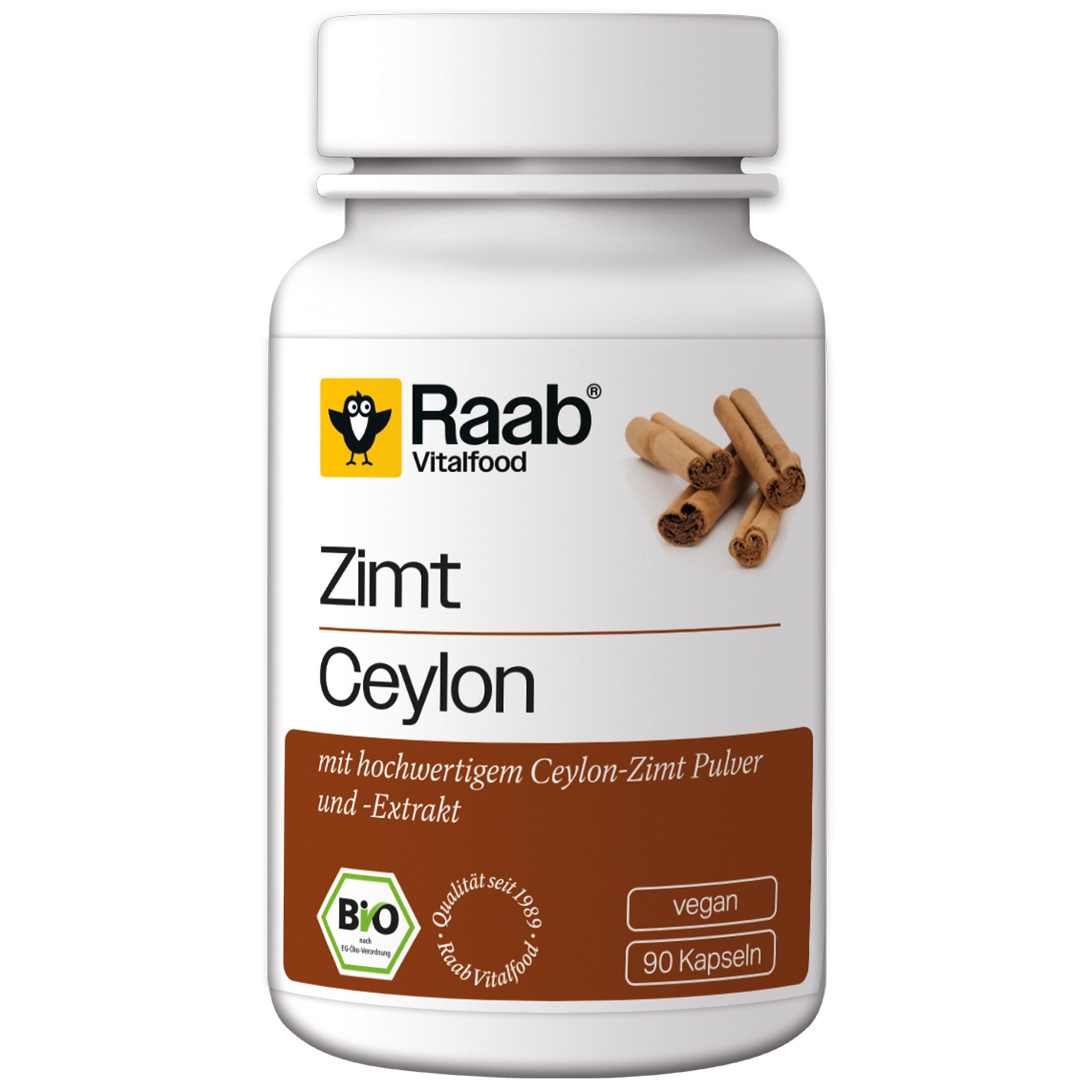 Weiße Flasche mit Raab Vitalfood Zimt Ceylon Kapseln. Braunes Etikett mit Produktnamen, Bio-Siegel und 90 Kapseln. Vegan.