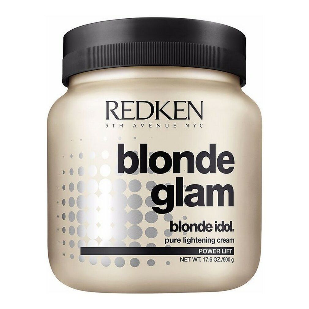 Beige Dose mit schwarzem Deckel. Aufschrift: REDKEN, blonde glam, blonde idol, pure lightening cream, Power Lift. Gewicht: 17.6 OZ/500g.