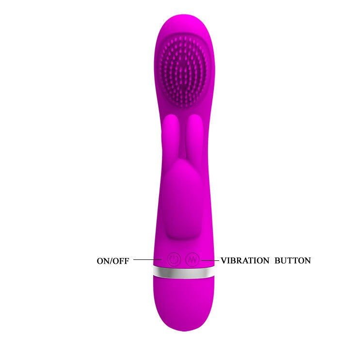Lila Vibrator mit strukturiertem Kopf. Knöpfe: ON/OFF, Vibration. Metallbasis. Ergonomisches Design.