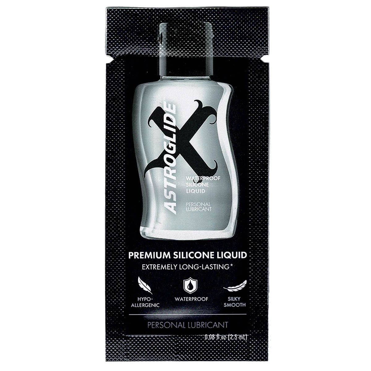 Beutel mit Astroglide X Premium Silicone Liquid. Schwarze Verpackung, Produktflasche mit schwarzem Deckel. Text: Premium Silicone Liquid.