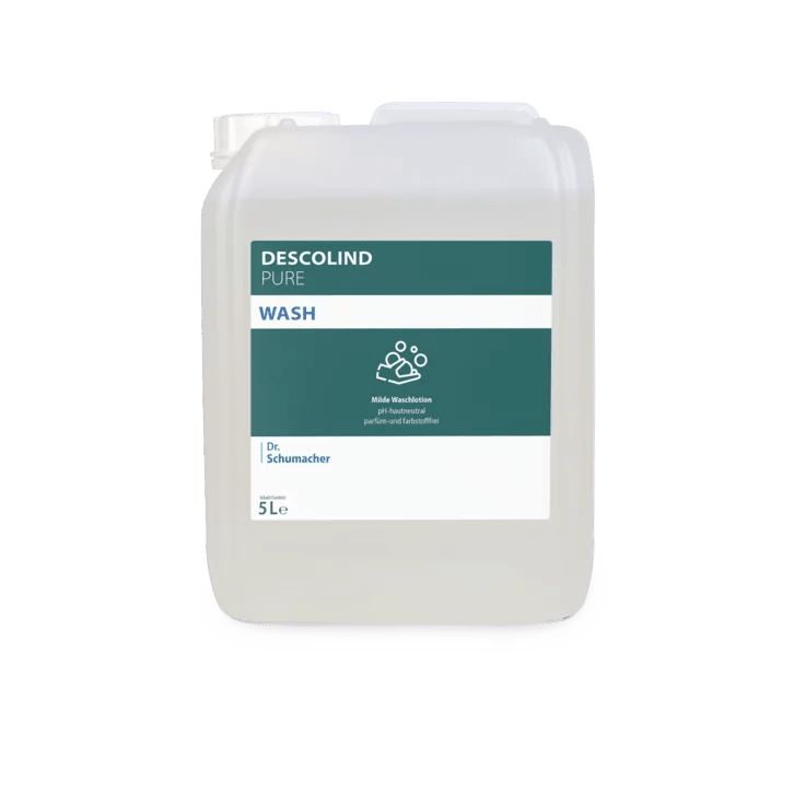 Kanister mit Etikett. Aufschrift: DESCOLIND PURE WASH. pH-neutral, parfümfrei. 5L.