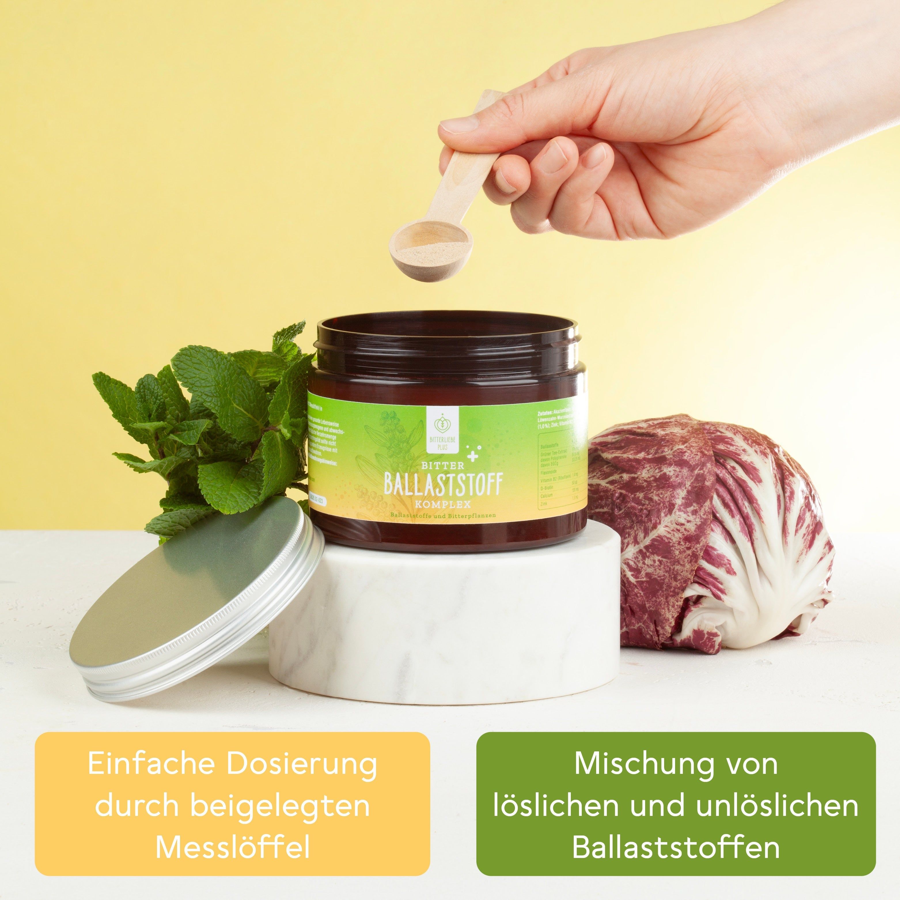 Dose mit gelb-grünem Etikett, Text: BitterLiebe Ballaststoff Komplex. Löffel, Radicchio, Minze. Text: Einfache Dosierung.