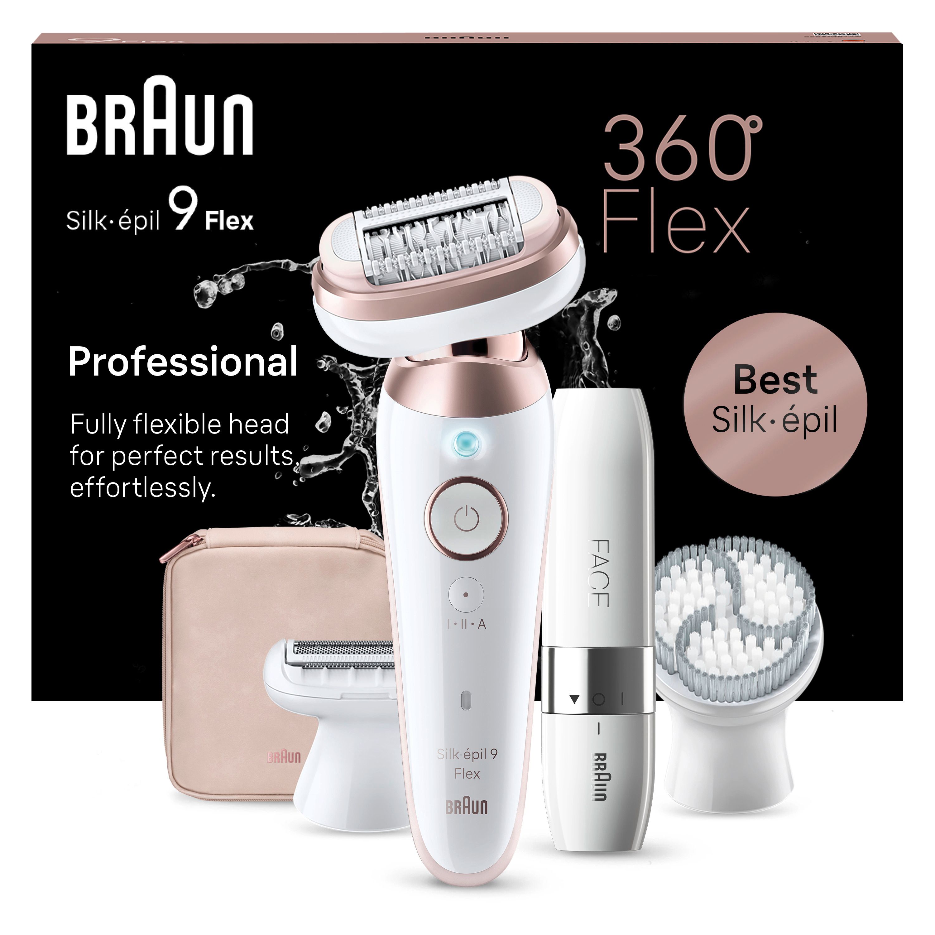 Braun Silk-épil 9 Flex Epilierer. Weiß/Rosa Titan. Zubehör: Aufsätze, Reinigungsbürste, Tasche. Produktabbildung auf schwarzem Hintergrund.