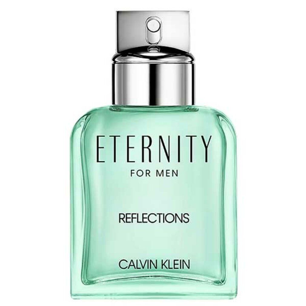 Flakon Eternity for Men Reflections. Eckiger Glasflakon mit silbernem Verschluss. Schriftzug Eternity, For Men, Reflections, Calvin Klein.