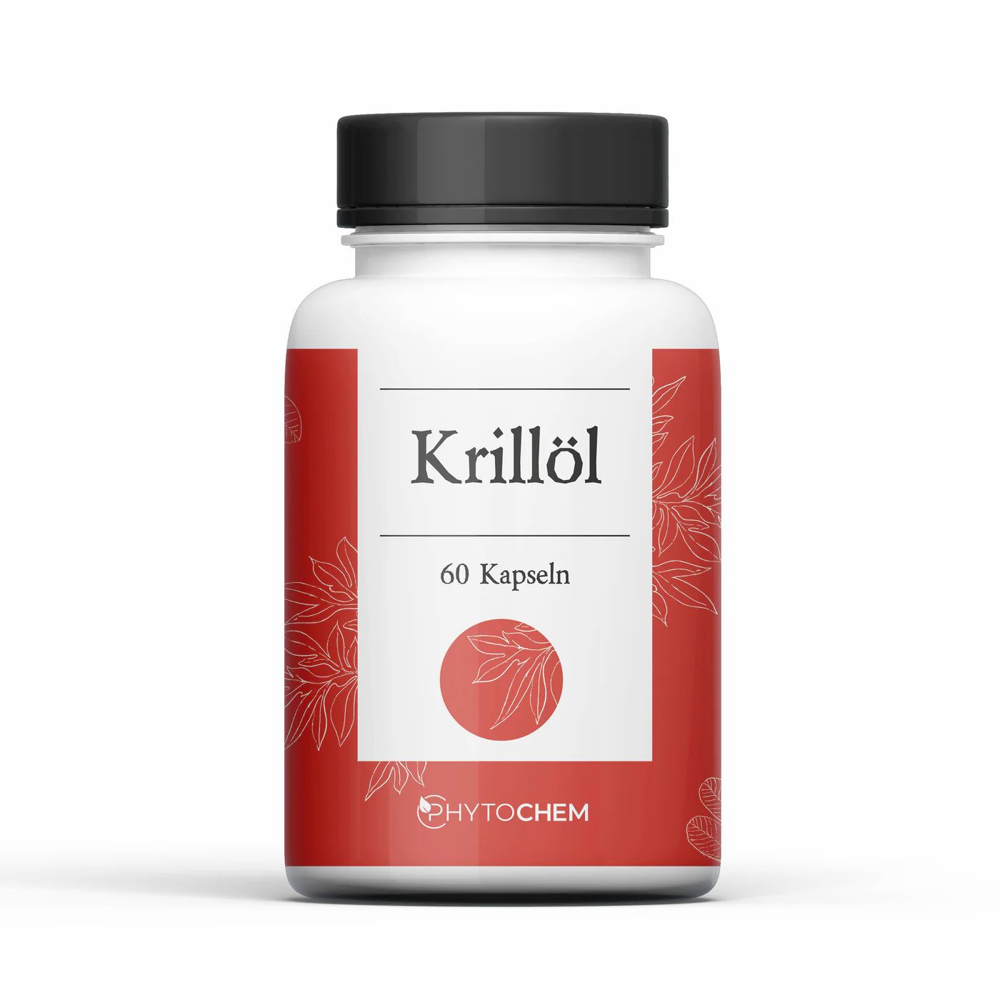 Weiße Flasche mit schwarzem Deckel. Auf rotem Etikett steht "Krillöl" und "60 Kapseln". Unten steht "Phytochem".