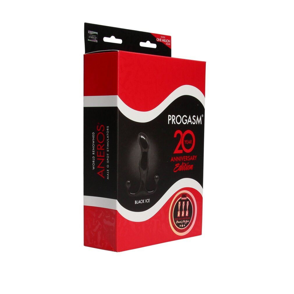 Verpackung für den "ProGasm 20 Year Anniversary Edition" männlichen G-Punkt-Stimulator in Schwarz.