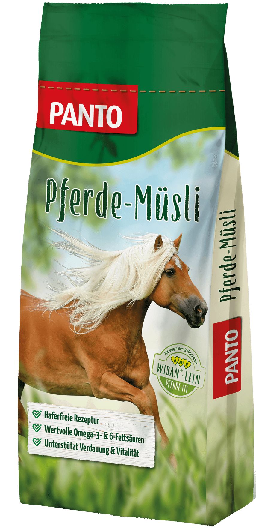Verpackung von PANTO Pferdemüsli. Grün-weißer Beutel mit Produktnamen, Logo und Abbildung eines Pferdes.